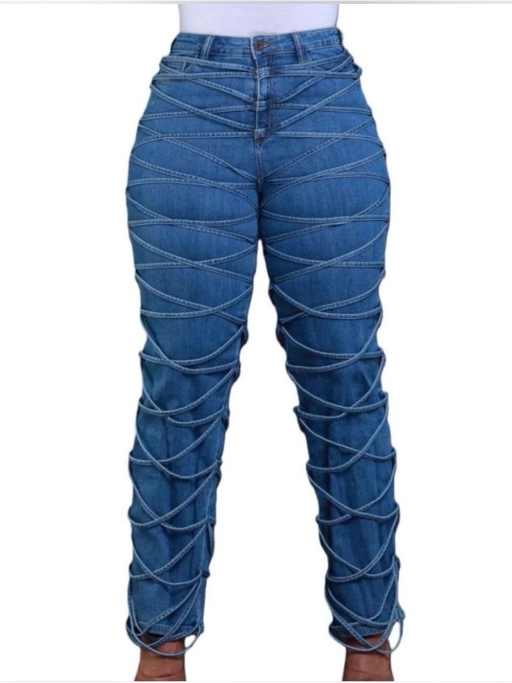 High-Waist Blue Lace-Up Detail Women’s Jeans